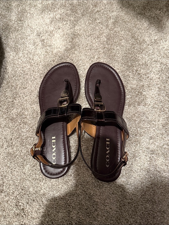 Coach Shoes - Coach Dark Brown Leather T-Strap Sandals with Gold Buckles